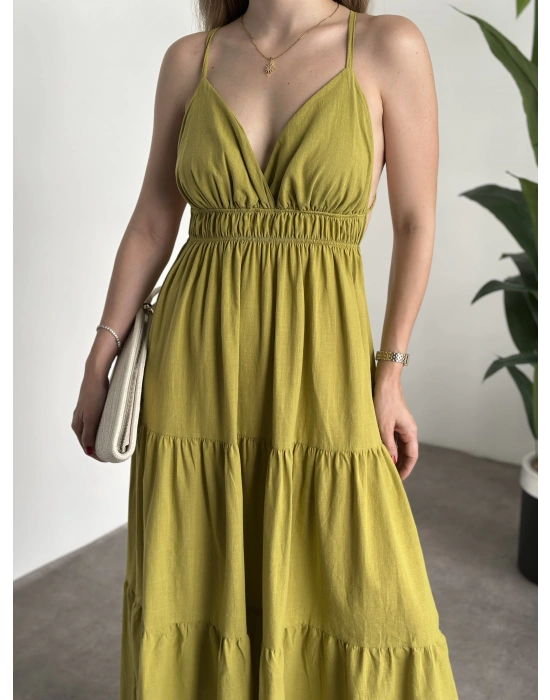 Sırt dekolteli askılı keten elbise yağ yeşili