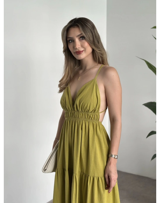 Sırt dekolteli askılı keten elbise yağ yeşili