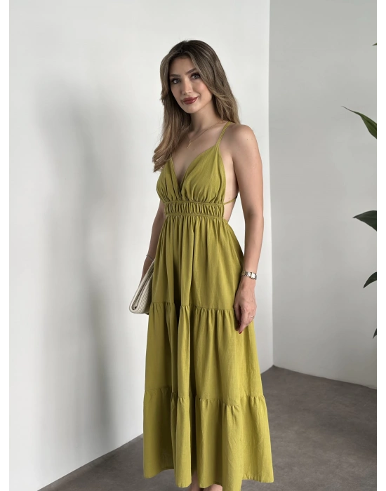Sırt dekolteli askılı keten elbise yağ yeşili