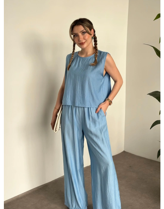 Sırtı bağlama dekolte detaylı tensel kumaş takım bebek mavisi