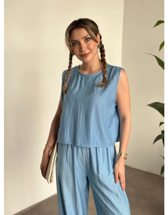 Sırtı bağlama dekolte detaylı tensel kumaş takım bebek mavisi