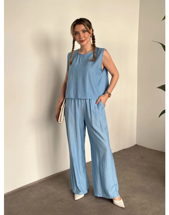 Sırtı bağlama dekolte detaylı tensel kumaş takım bebek mavisi