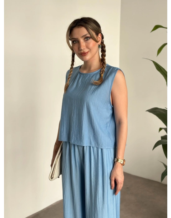 Sırtı bağlama dekolte detaylı tensel kumaş takım bebek mavisi