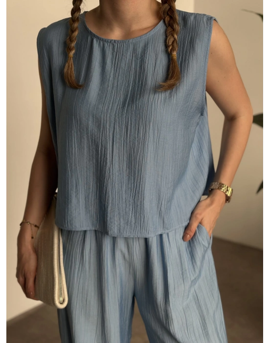 Sırtı bağlama dekolte detaylı tensel kumaş takım bebek mavisi