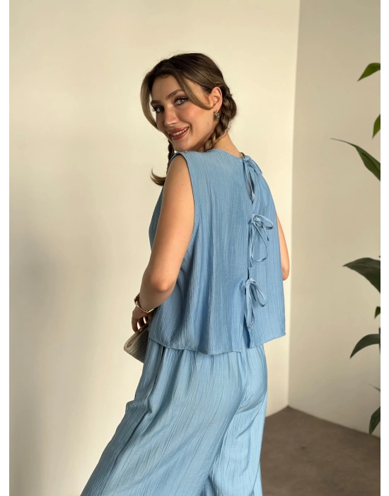 Sırtı bağlama dekolte detaylı tensel kumaş takım bebek mavisi