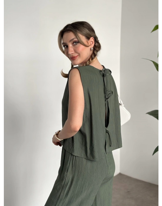 Sırtı bağlama dekolte detaylı tensel kumaş takım haki