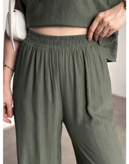 Sırtı bağlama dekolte detaylı tensel kumaş takım haki