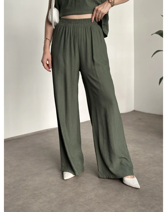 Sırtı bağlama dekolte detaylı tensel kumaş takım haki