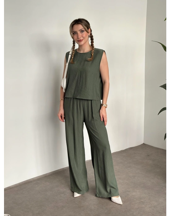 Sırtı bağlama dekolte detaylı tensel kumaş takım haki