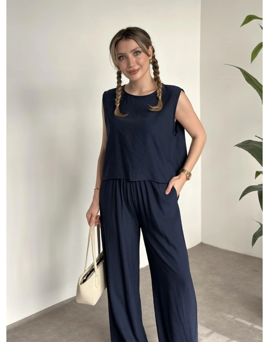 Sırtı bağlama dekolte detaylı tensel kumaş takım lacivert