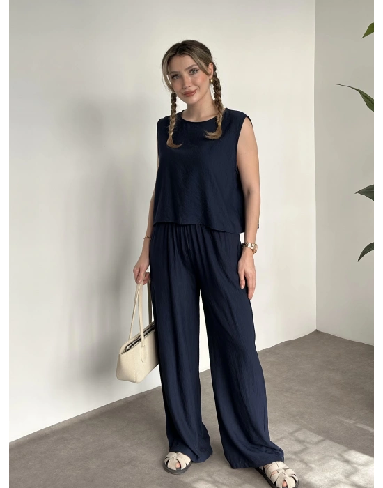 Sırtı bağlama dekolte detaylı tensel kumaş takım lacivert