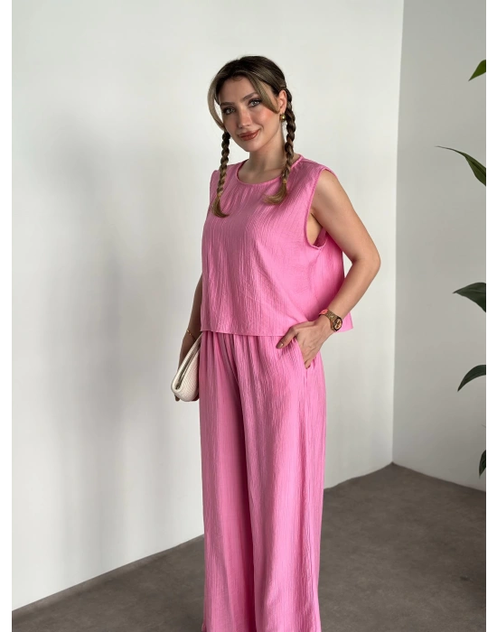 Sırtı bağlama dekolte detaylı tensel kumaş takım pembe