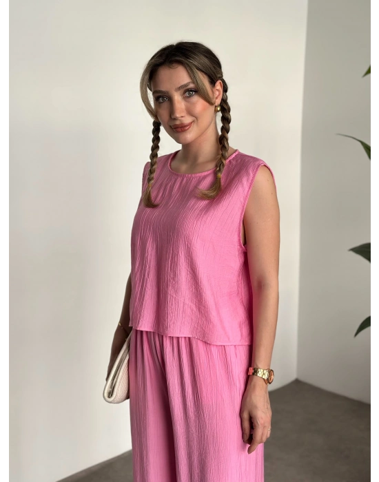 Sırtı bağlama dekolte detaylı tensel kumaş takım pembe