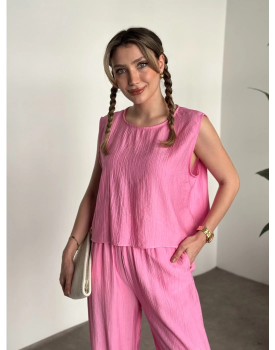 Sırtı bağlama dekolte detaylı tensel kumaş takım pembe