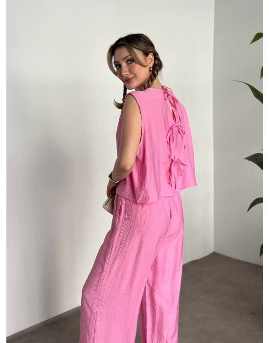Sırtı bağlama dekolte detaylı tensel kumaş takım pembe