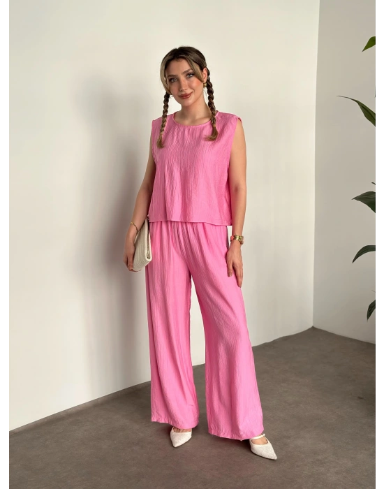 Sırtı bağlama dekolte detaylı tensel kumaş takım pembe