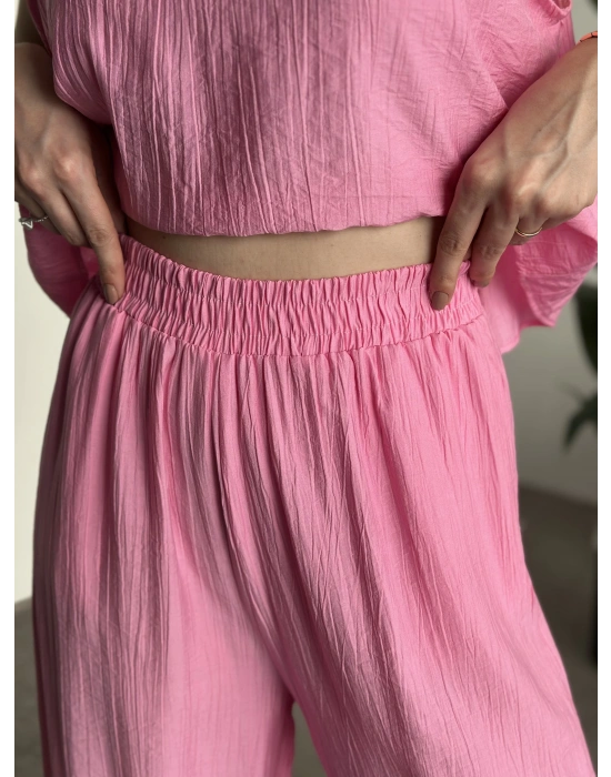 Sırtı bağlama dekolte detaylı tensel kumaş takım pembe