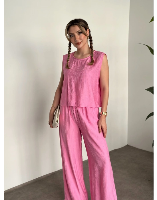 Sırtı bağlama dekolte detaylı tensel kumaş takım pembe