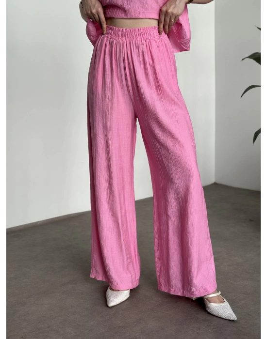 Sırtı bağlama dekolte detaylı tensel kumaş takım pembe