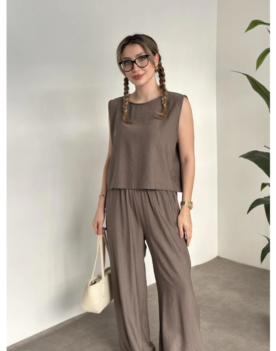 Sırtı bağlama dekolte detaylı tensel kumaş takım vizon