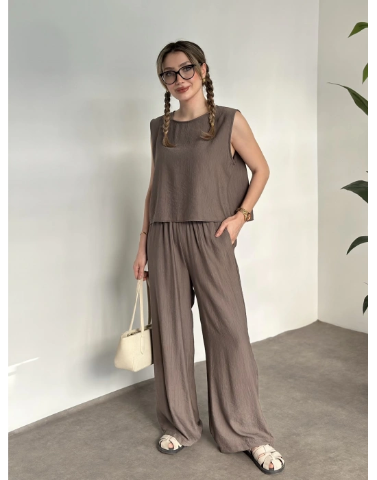 Sırtı bağlama dekolte detaylı tensel kumaş takım vizon