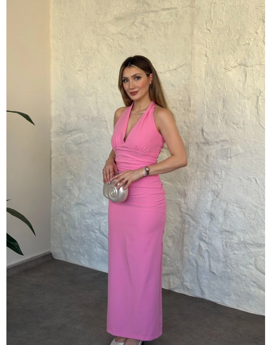 Sırtı dekolteli drapeli elbise pembe