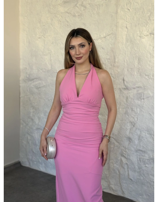 Sırtı dekolteli drapeli elbise pembe