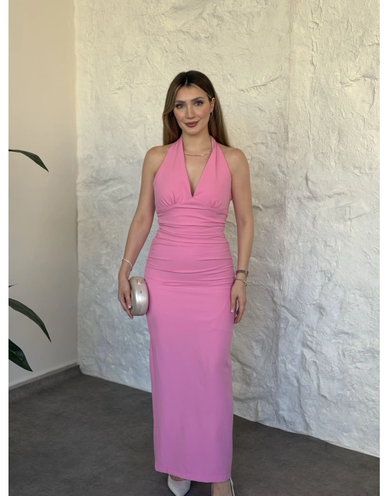 Sırtı dekolteli drapeli elbise pembe