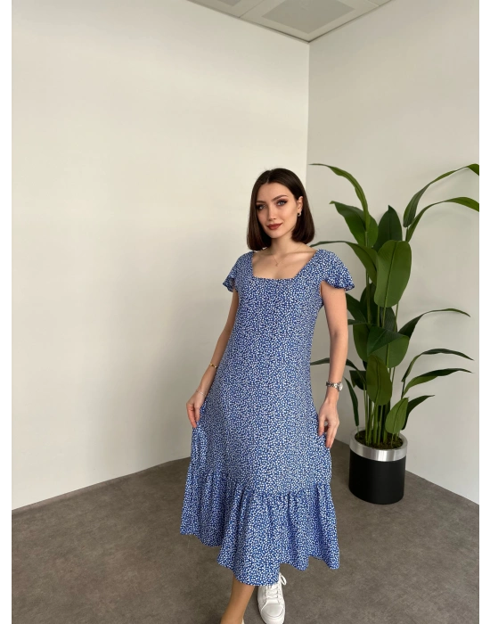 Sırtı Dekolteli Viskon Kumaş Midi Boy Elbise Mavi