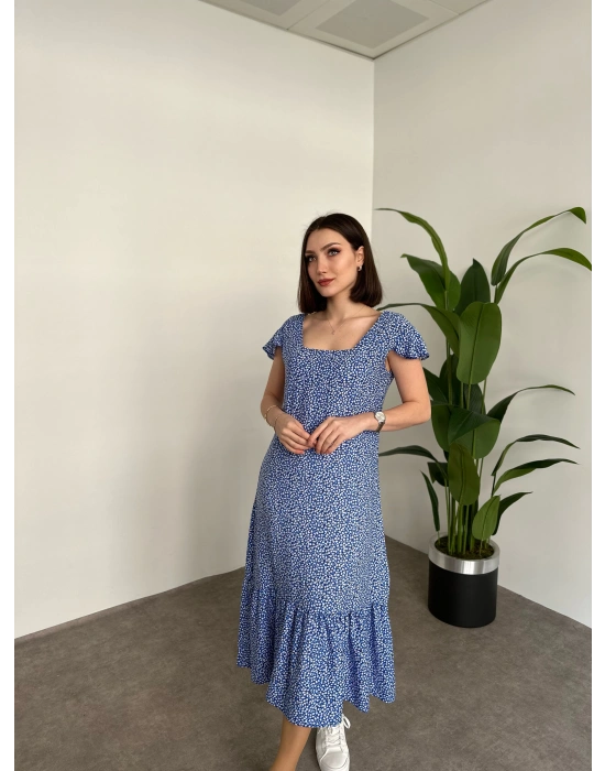 Sırtı Dekolteli Viskon Kumaş Midi Boy Elbise Mavi