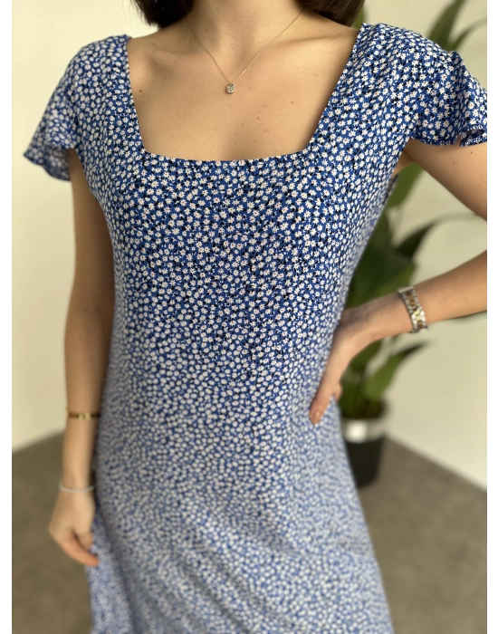 Sırtı Dekolteli Viskon Kumaş Midi Boy Elbise Mavi