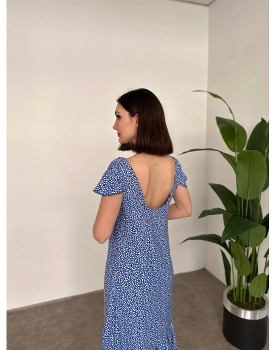 Sırtı Dekolteli Viskon Kumaş Midi Boy Elbise Mavi