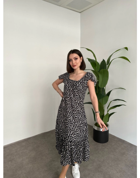 Sırtı Dekolteli Viskon Kumaş Midi Boy Elbise Siyah