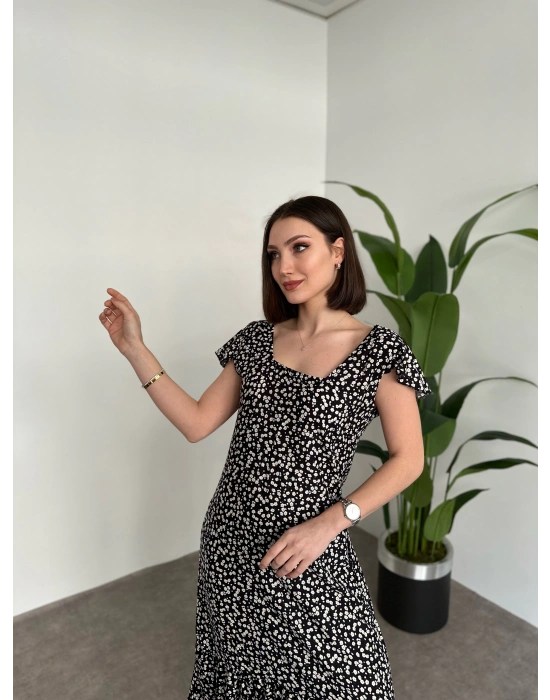 Sırtı Dekolteli Viskon Kumaş Midi Boy Elbise Siyah