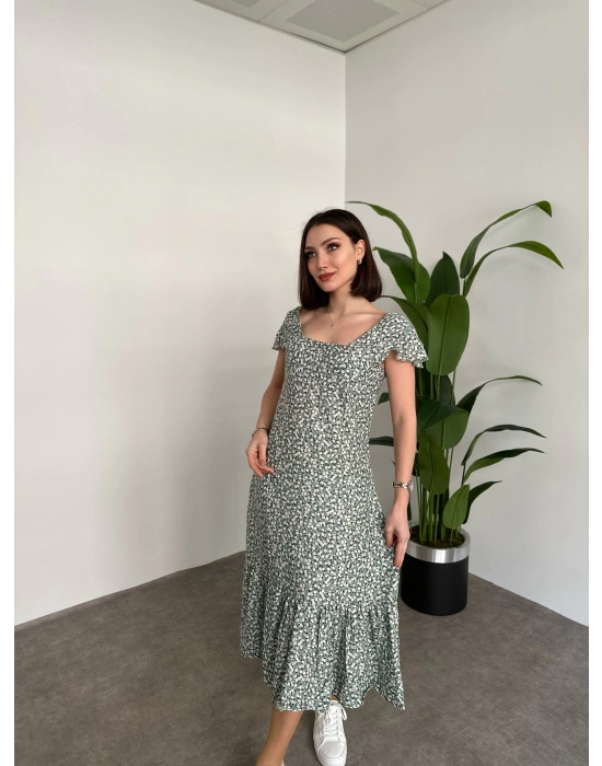 Sırtı Dekolteli Viskon Kumaş Midi Boy Elbise Yeşil