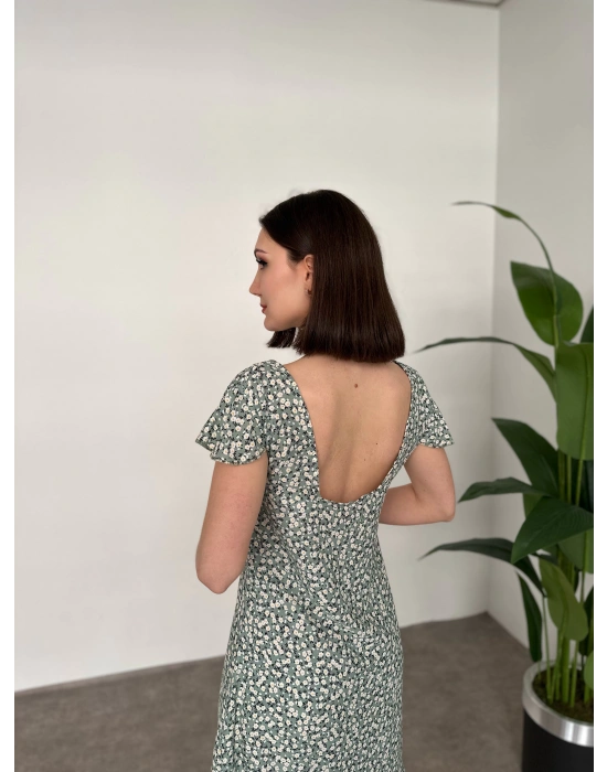 Sırtı Dekolteli Viskon Kumaş Midi Boy Elbise Yeşil