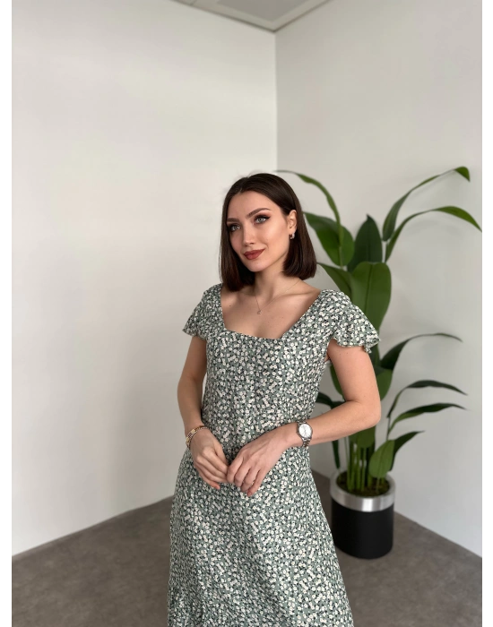 Sırtı Dekolteli Viskon Kumaş Midi Boy Elbise Yeşil