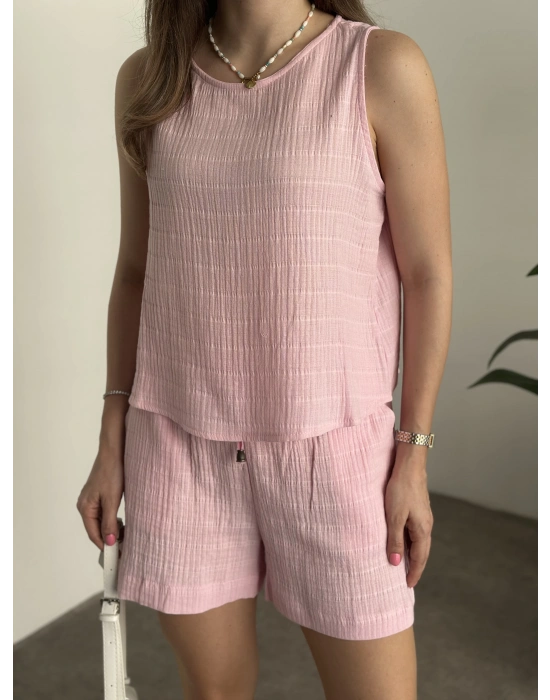 Şortlu bisiklet yaka müslim kumaş takım pembe