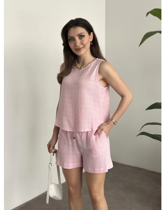 Şortlu bisiklet yaka müslim kumaş takım pembe