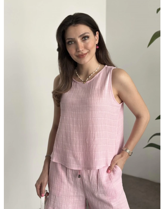 Şortlu bisiklet yaka müslim kumaş takım pembe