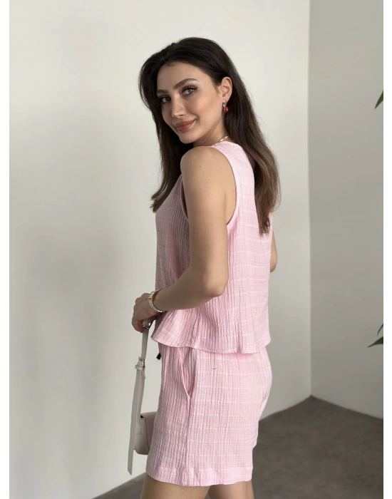 Şortlu bisiklet yaka müslim kumaş takım pembe