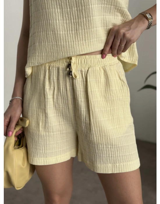 Şortlu bisiklet yaka müslim kumaş takım sarı