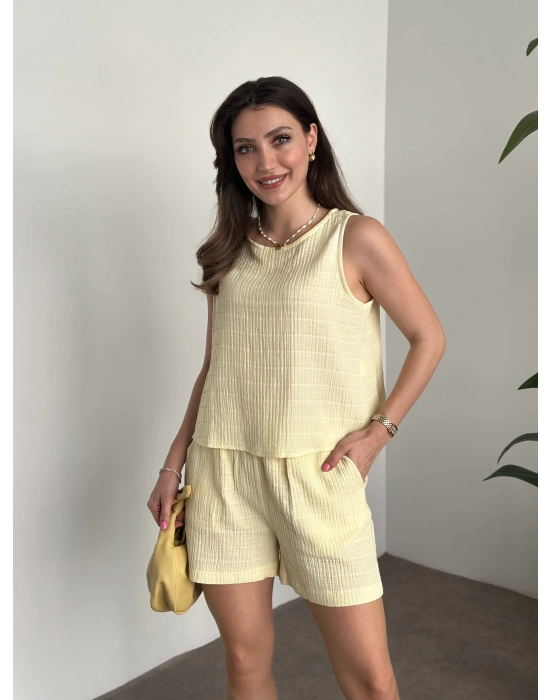 Şortlu bisiklet yaka müslim kumaş takım sarı