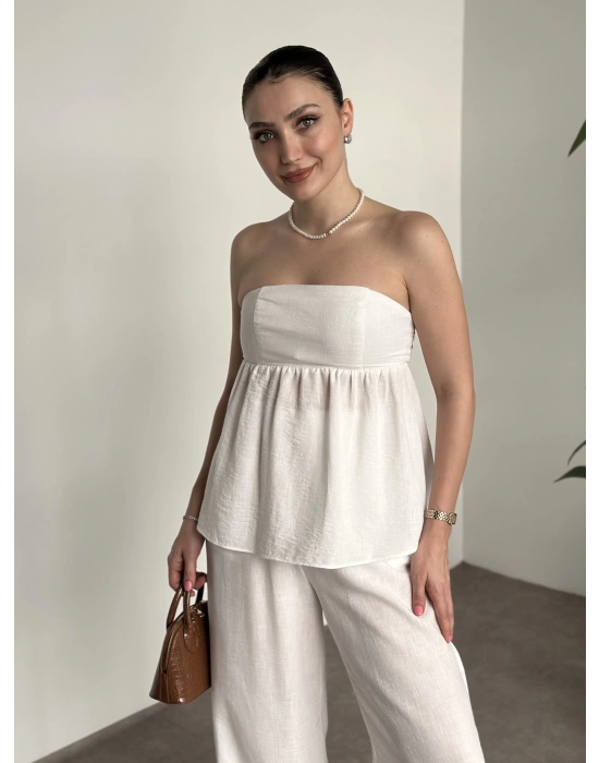 Straplez arkadan bağlama detaylı keten takım beyaz