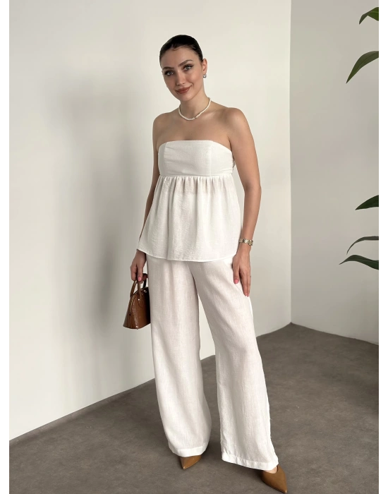 Straplez arkadan bağlama detaylı keten takım beyaz