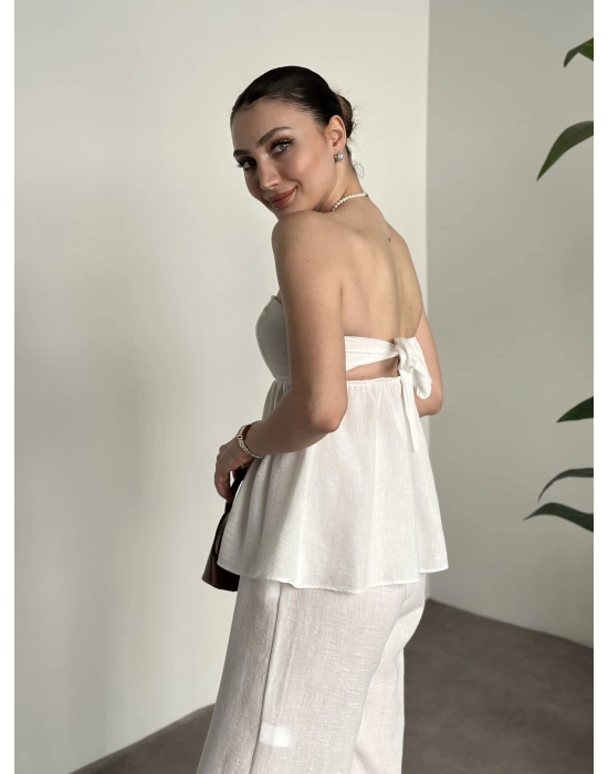 Straplez arkadan bağlama detaylı keten takım beyaz