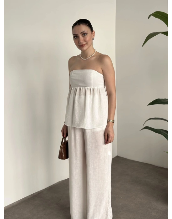 Straplez arkadan bağlama detaylı keten takım beyaz