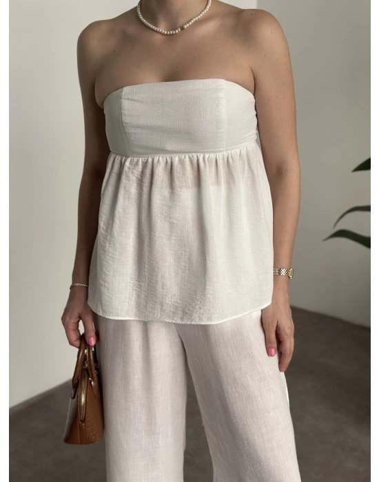 Straplez arkadan bağlama detaylı keten takım beyaz