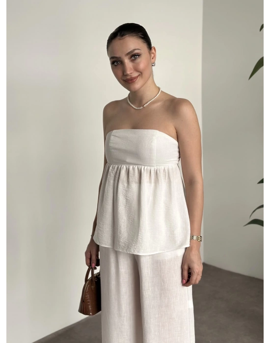 Straplez arkadan bağlama detaylı keten takım beyaz