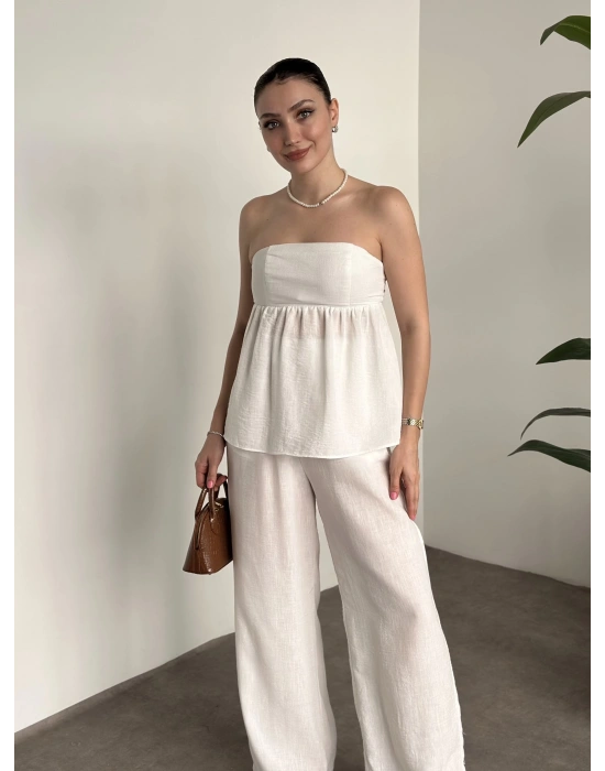 Straplez arkadan bağlama detaylı keten takım beyaz